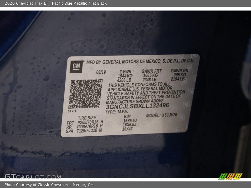 Pacific Blue Metallic / Jet Black 2020 Chevrolet Trax LT
