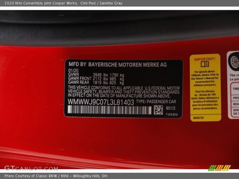 Chili Red / Satellite Gray 2020 Mini Convertible John Cooper Works