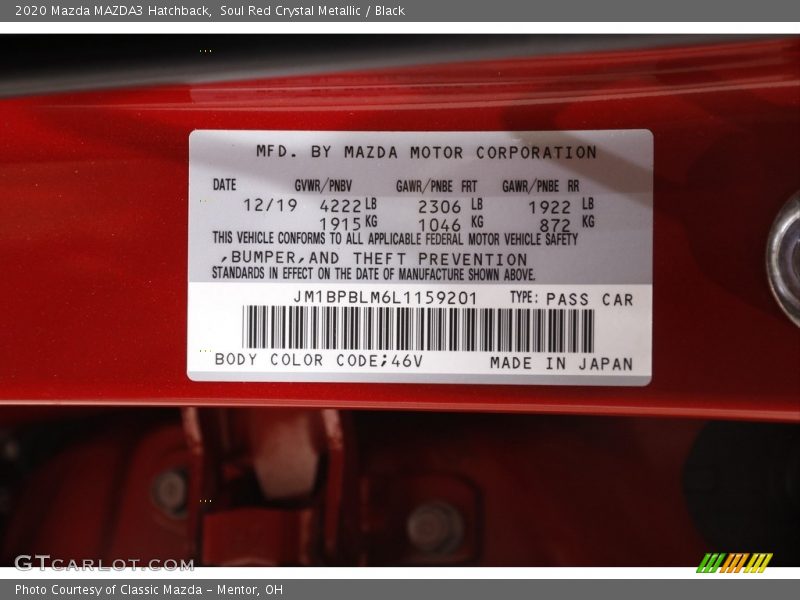 2020 MAZDA3 Hatchback Soul Red Crystal Metallic Color Code 46V