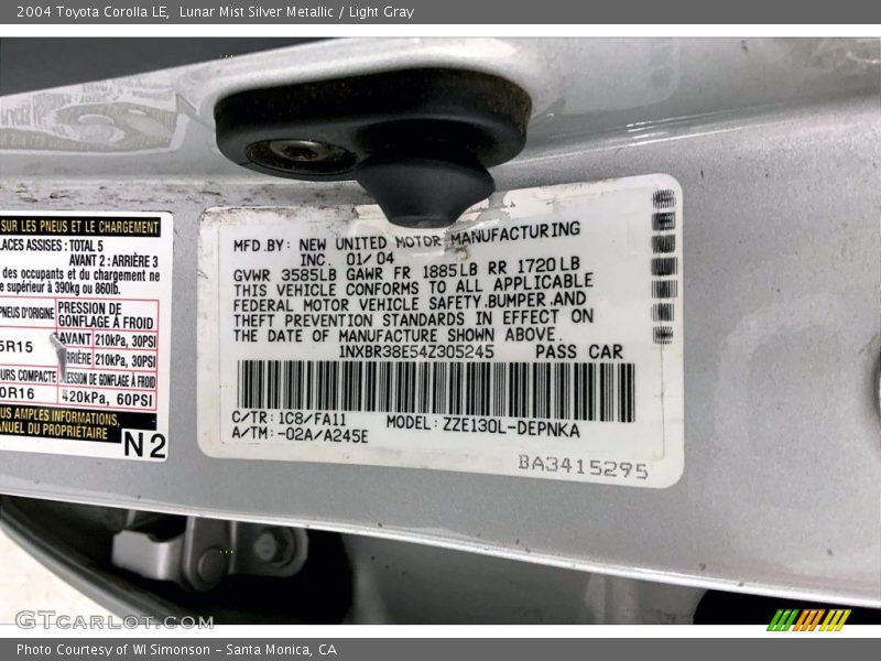 2004 Corolla LE Lunar Mist Silver Metallic Color Code 1C8