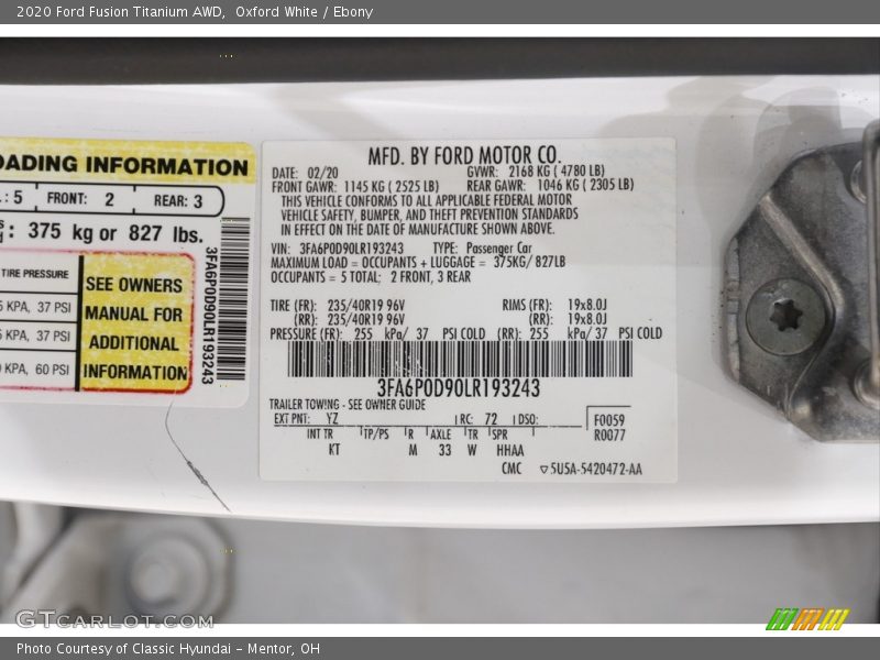 Oxford White / Ebony 2020 Ford Fusion Titanium AWD