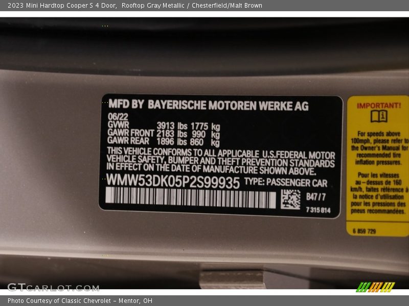2023 Hardtop Cooper S 4 Door Rooftop Gray Metallic Color Code B47