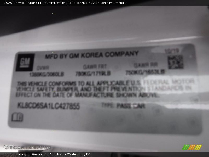 Summit White / Jet Black/Dark Anderson Silver Metallic 2020 Chevrolet Spark LT