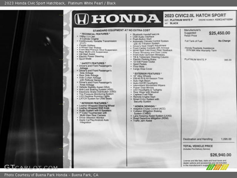 Platinum White Pearl / Black 2023 Honda Civic Sport Hatchback