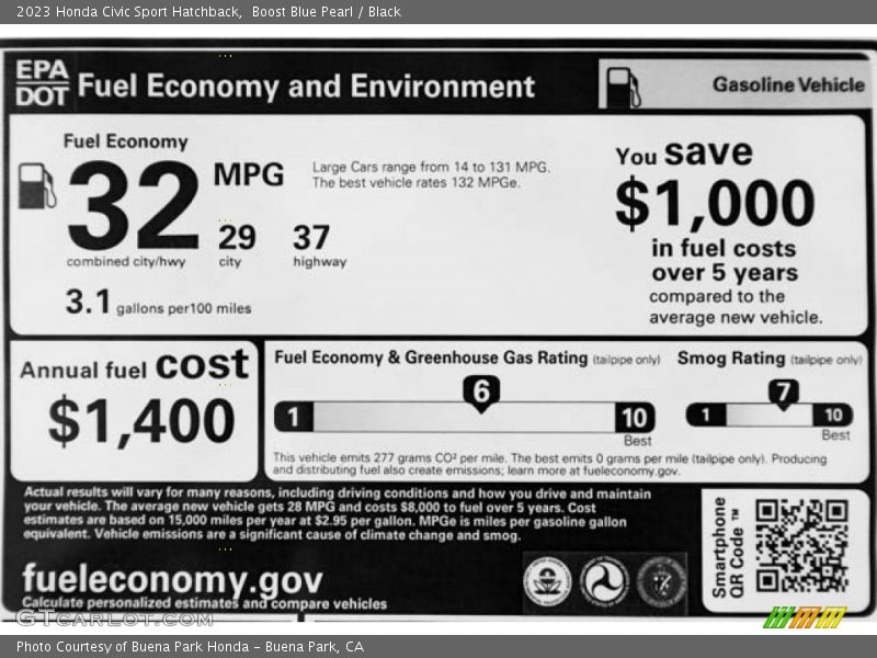 Info Tag of 2023 Civic Sport Hatchback