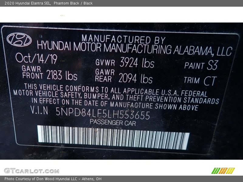 Phantom Black / Black 2020 Hyundai Elantra SEL