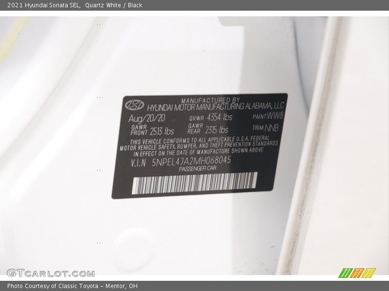 Quartz White / Black 2021 Hyundai Sonata SEL