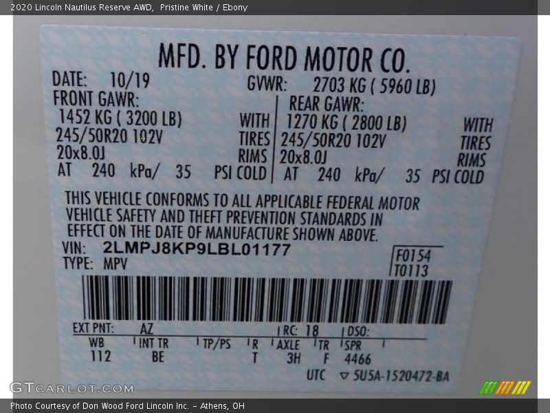 Pristine White / Ebony 2020 Lincoln Nautilus Reserve AWD