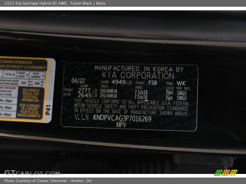 2023 Sportage Hybrid EX AWD Fusion Black Color Code FSB