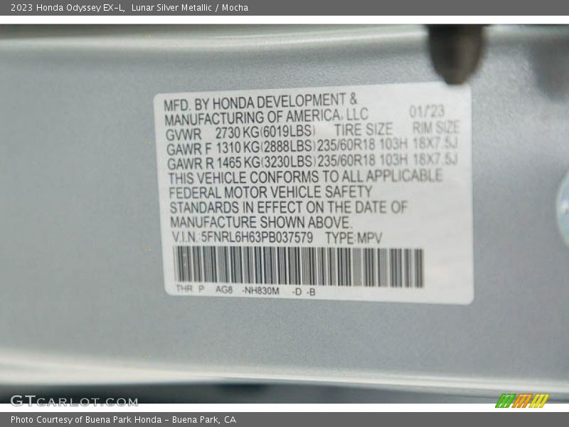 2023 Odyssey EX-L Lunar Silver Metallic Color Code NH830M