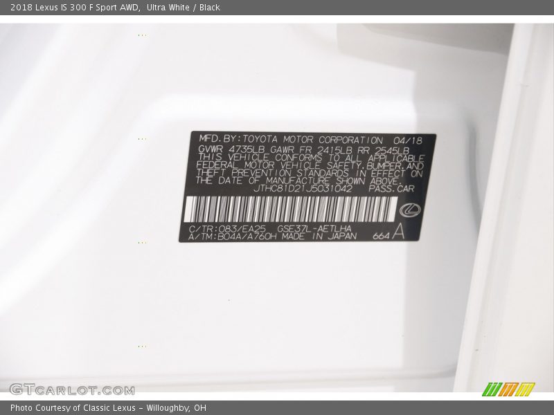 2018 IS 300 F Sport AWD Ultra White Color Code 083