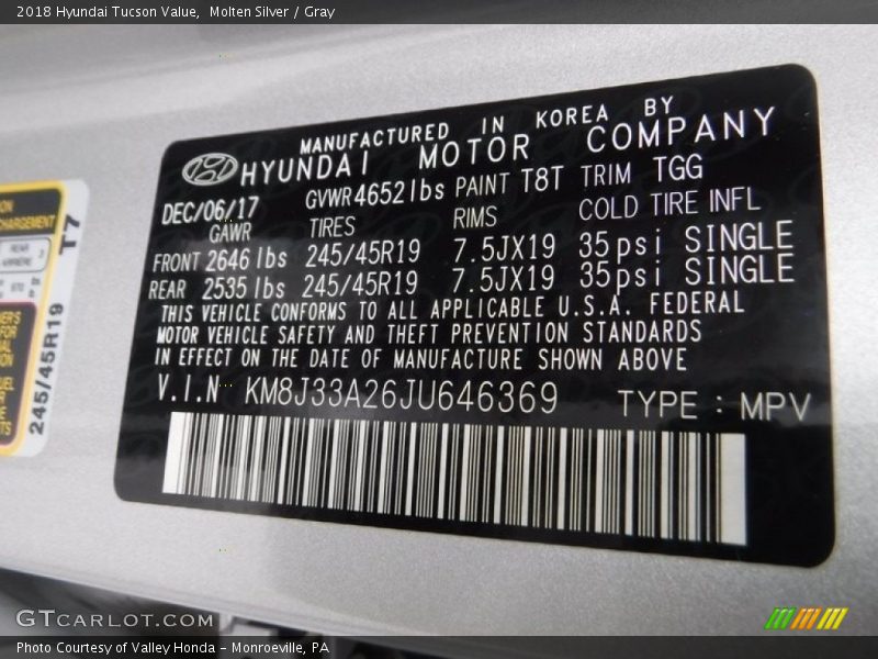 Molten Silver / Gray 2018 Hyundai Tucson Value