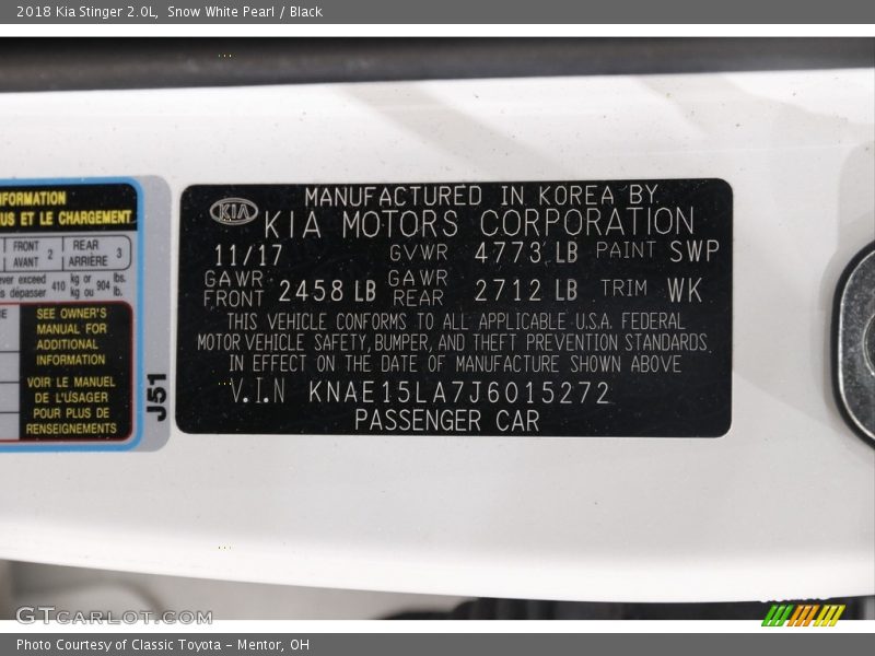 2018 Stinger 2.0L Snow White Pearl Color Code SWP
