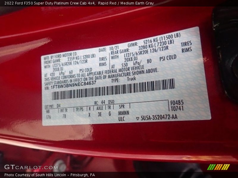 2022 F350 Super Duty Platinum Crew Cab 4x4 Rapid Red Color Code D4