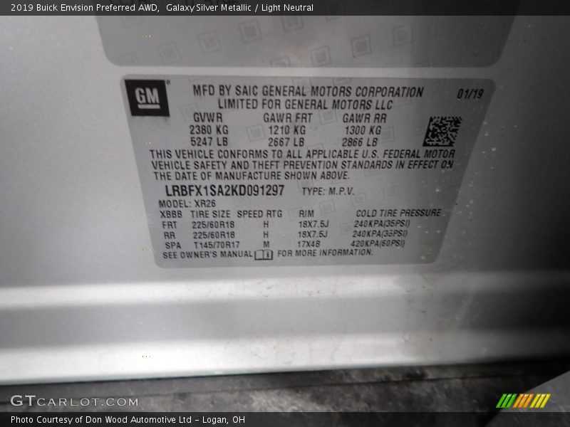 Galaxy Silver Metallic / Light Neutral 2019 Buick Envision Preferred AWD