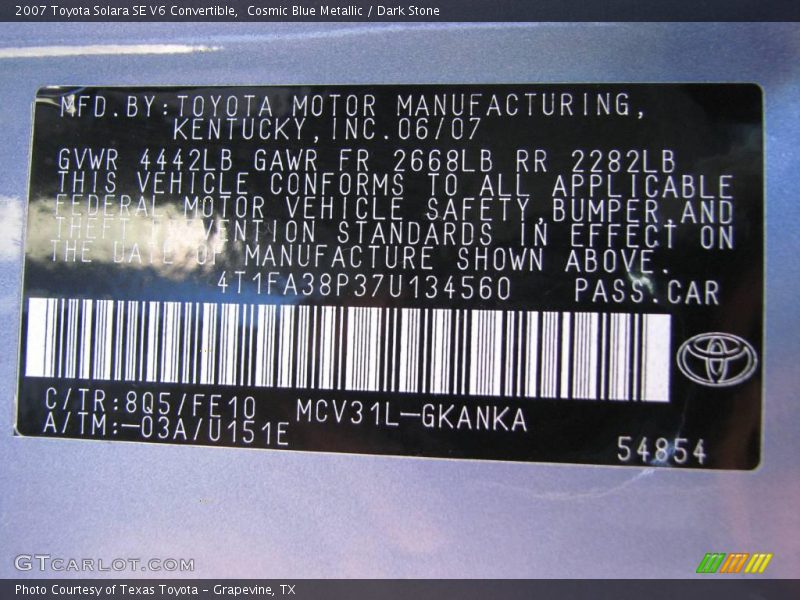 Cosmic Blue Metallic / Dark Stone 2007 Toyota Solara SE V6 Convertible