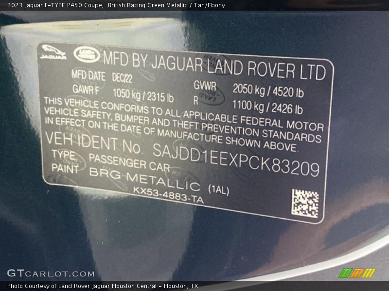 2023 F-TYPE P450 Coupe British Racing Green Metallic Color Code BRG
