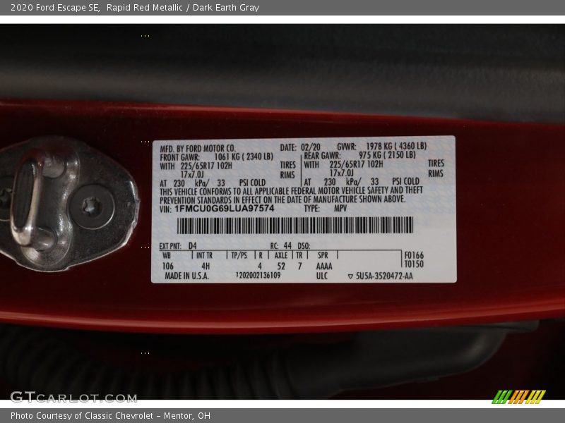 2020 Escape SE Rapid Red Metallic Color Code D4