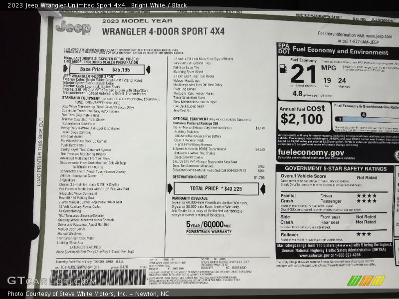 Bright White / Black 2023 Jeep Wrangler Unlimited Sport 4x4