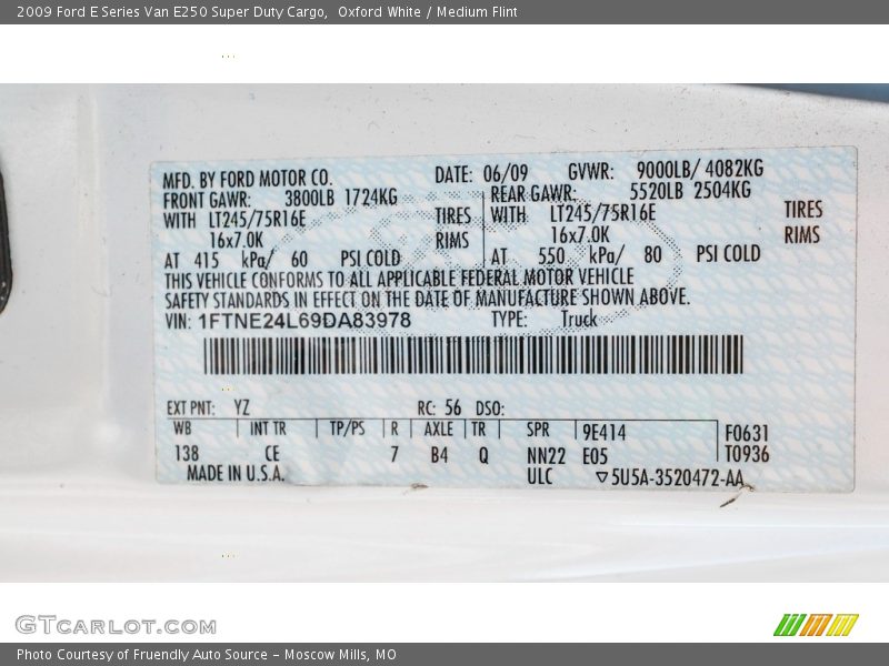 2009 E Series Van E250 Super Duty Cargo Oxford White Color Code YZ