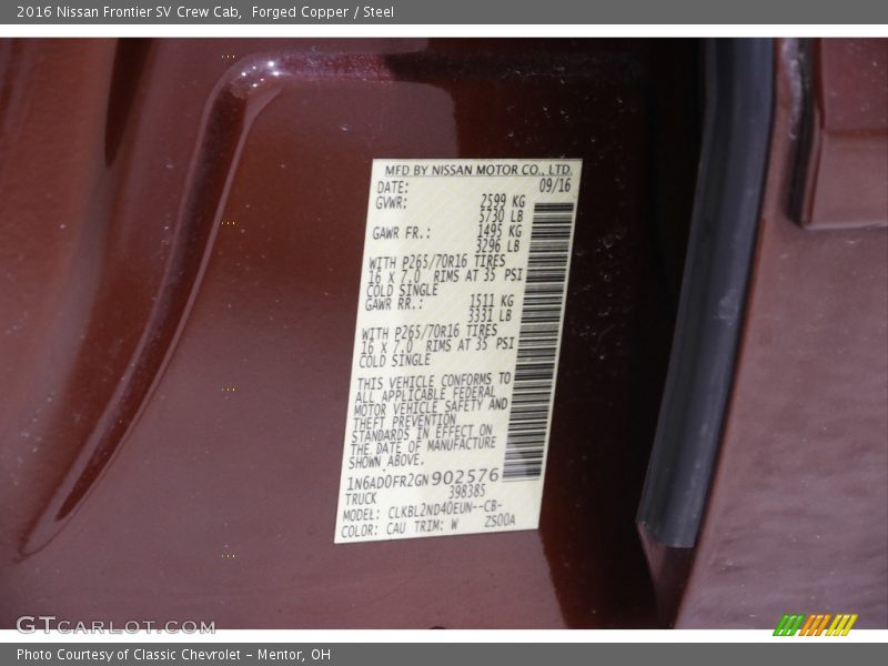 2016 Frontier SV Crew Cab Forged Copper Color Code CAU