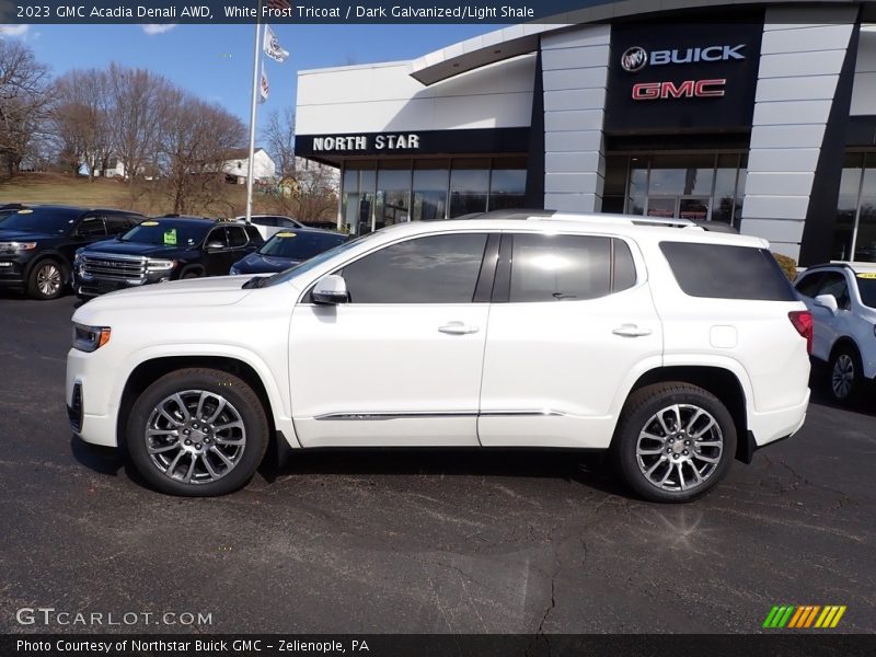 White Frost Tricoat / Dark Galvanized/Light Shale 2023 GMC Acadia Denali AWD