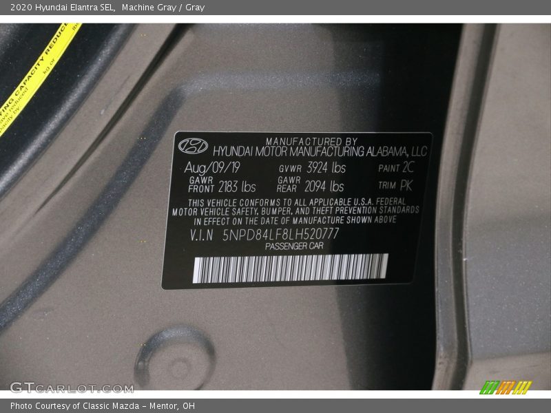 Machine Gray / Gray 2020 Hyundai Elantra SEL