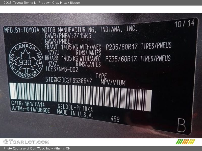 Predawn Gray Mica / Bisque 2015 Toyota Sienna L