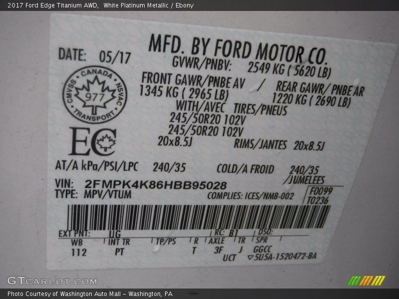White Platinum Metallic / Ebony 2017 Ford Edge Titanium AWD