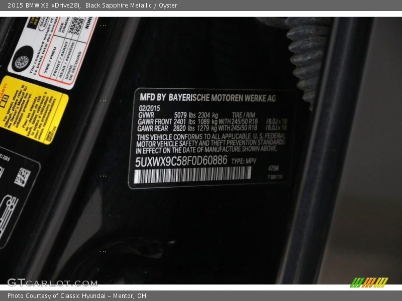 Black Sapphire Metallic / Oyster 2015 BMW X3 xDrive28i