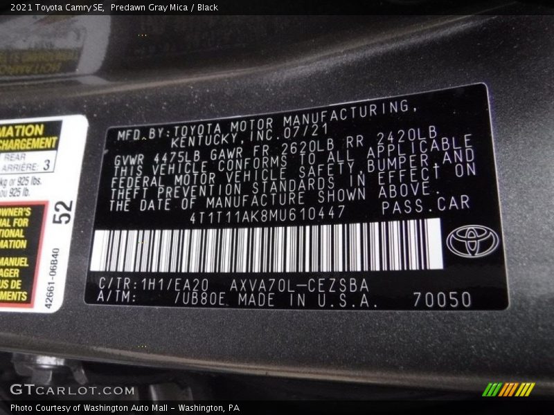 2021 Camry SE Predawn Gray Mica Color Code 1H1