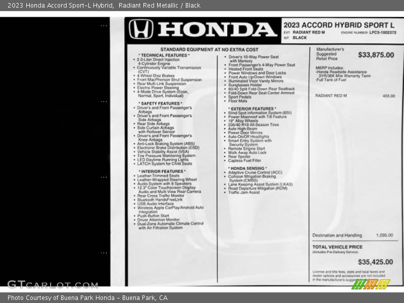  2023 Accord Sport-L Hybrid Window Sticker