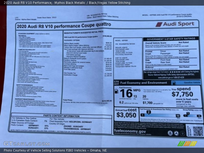  2020 R8 V10 Performance Window Sticker