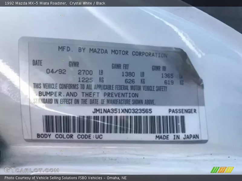1992 MX-5 Miata Roadster Crystal White Color Code UC