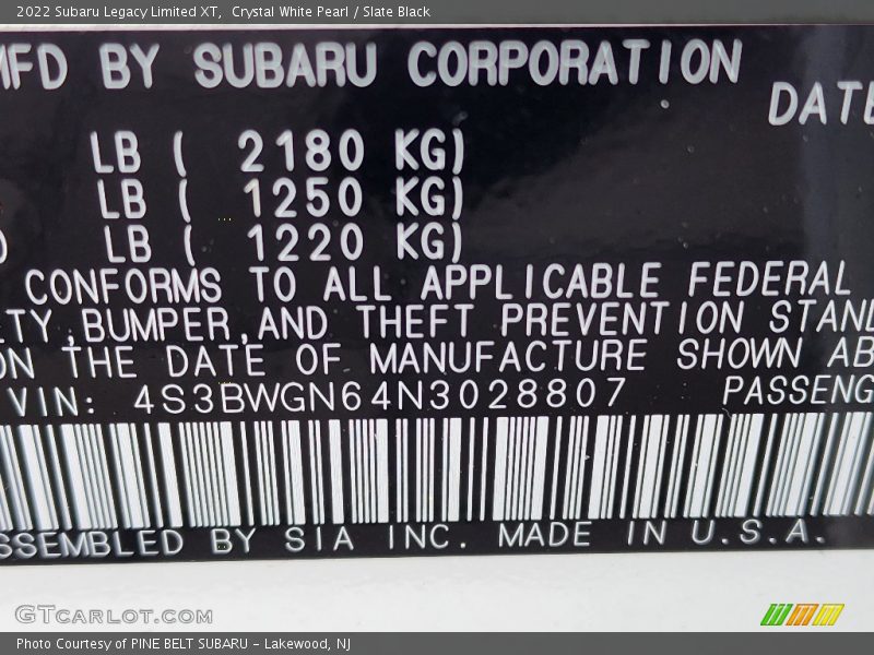Crystal White Pearl / Slate Black 2022 Subaru Legacy Limited XT