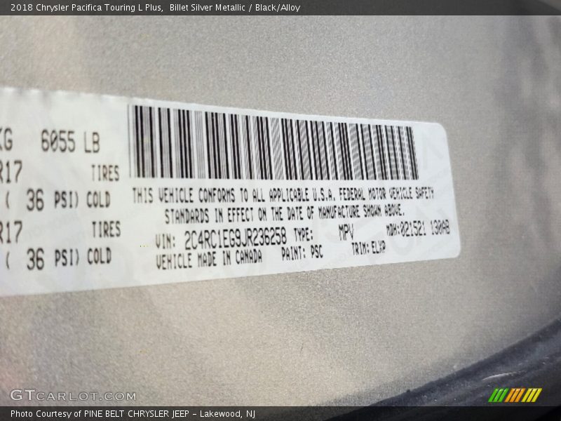 Billet Silver Metallic / Black/Alloy 2018 Chrysler Pacifica Touring L Plus