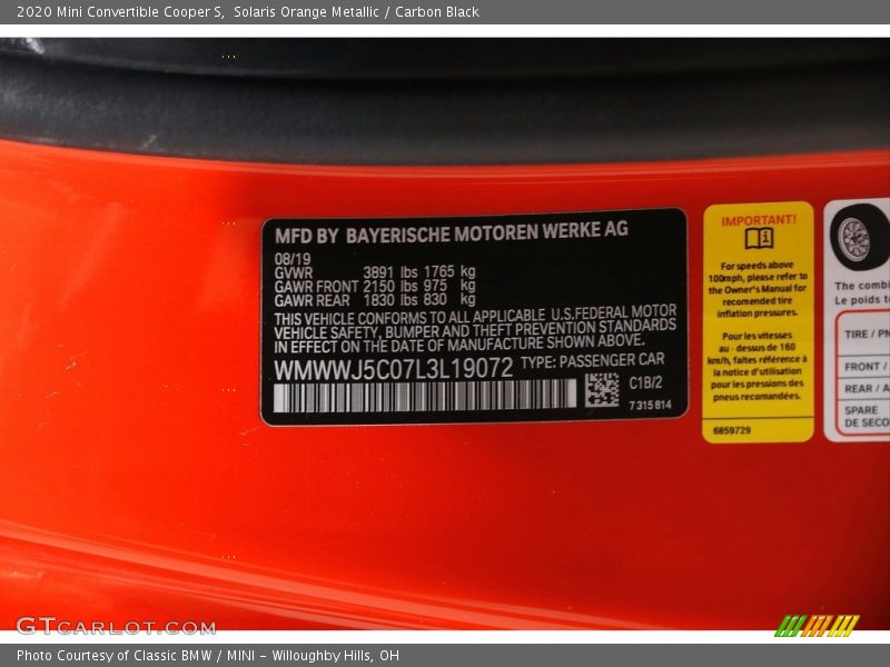 Solaris Orange Metallic / Carbon Black 2020 Mini Convertible Cooper S