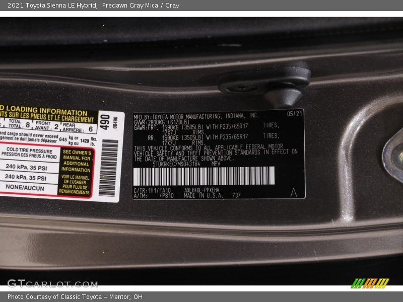 2021 Sienna LE Hybrid Predawn Gray Mica Color Code 1H1