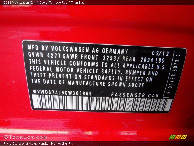 Tornado Red / Titan Black 2012 Volkswagen Golf 4 Door