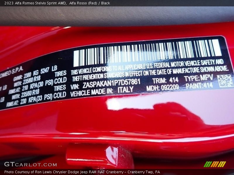 2023 Stelvio Sprint AWD Alfa Rosso (Red) Color Code 414