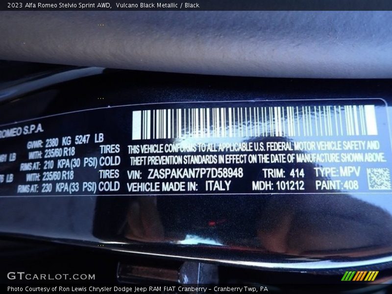 2023 Stelvio Sprint AWD Vulcano Black Metallic Color Code 408