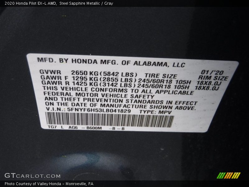 Steel Sapphire Metallic / Gray 2020 Honda Pilot EX-L AWD