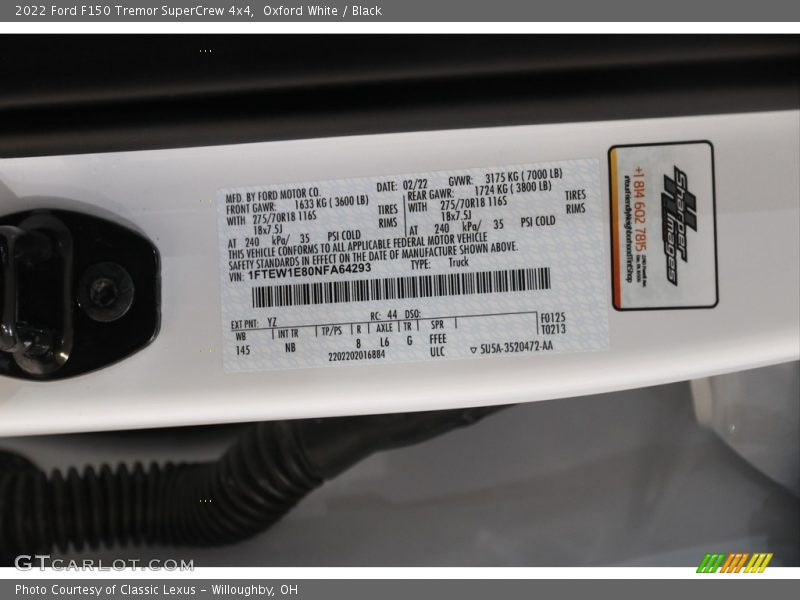 2022 F150 Tremor SuperCrew 4x4 Oxford White Color Code YZ