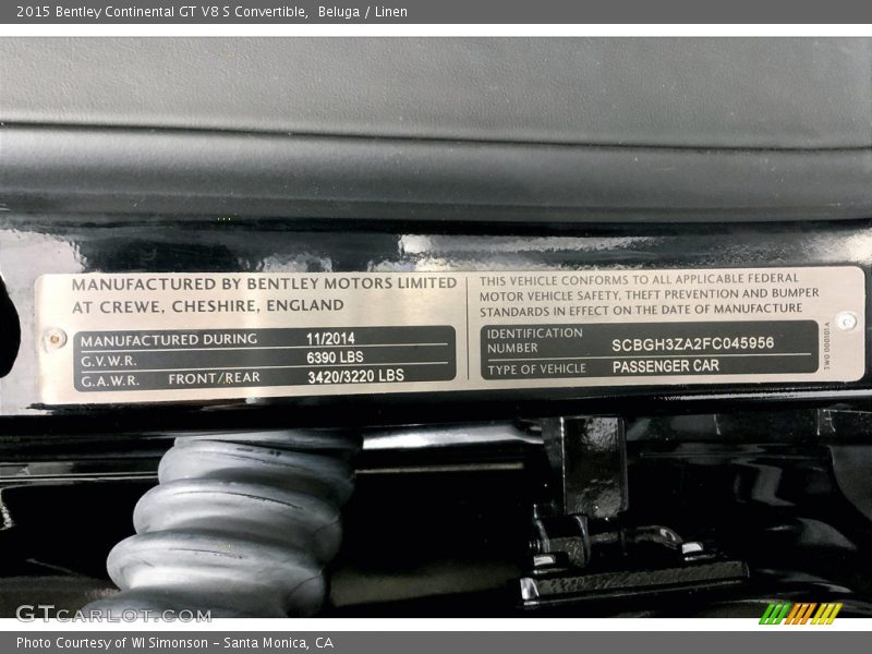 Info Tag of 2015 Continental GT V8 S Convertible
