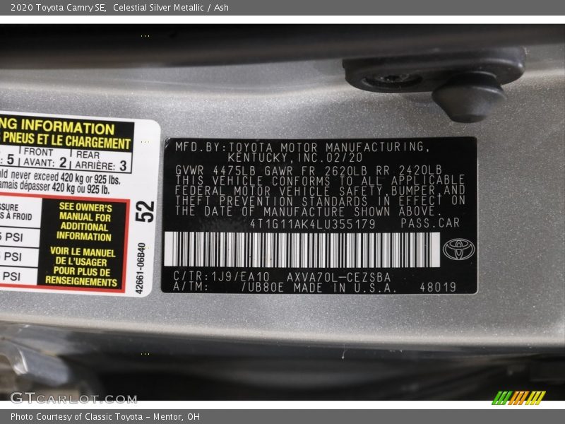 Celestial Silver Metallic / Ash 2020 Toyota Camry SE