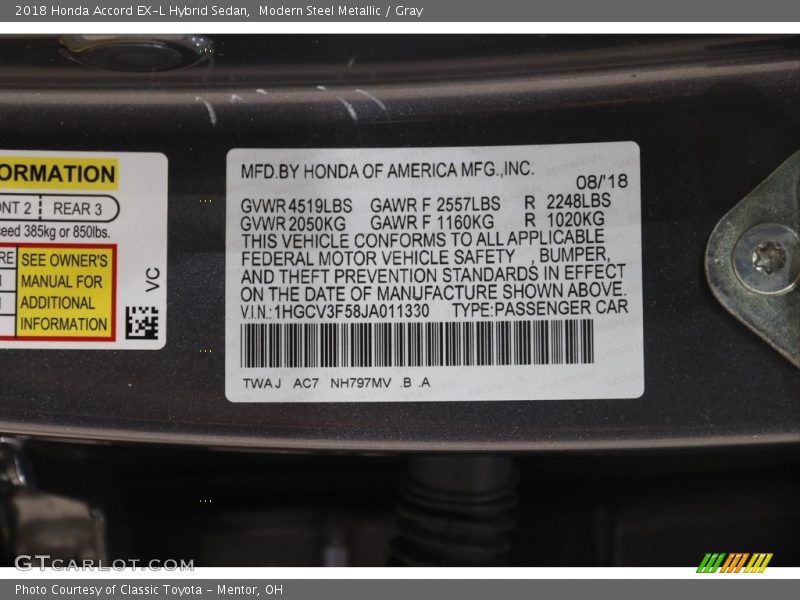 2018 Accord EX-L Hybrid Sedan Modern Steel Metallic Color Code NH797MV