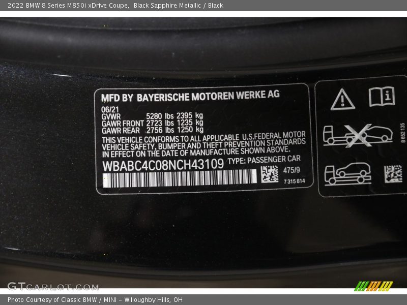 2022 8 Series M850i xDrive Coupe Black Sapphire Metallic Color Code 475