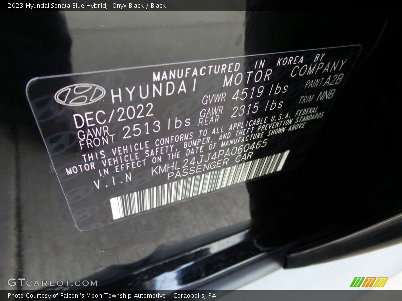 2023 Sonata Blue Hybrid Onyx Black Color Code A2B