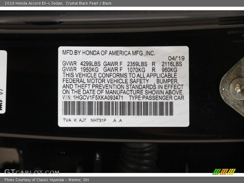 Crystal Black Pearl / Black 2019 Honda Accord EX-L Sedan