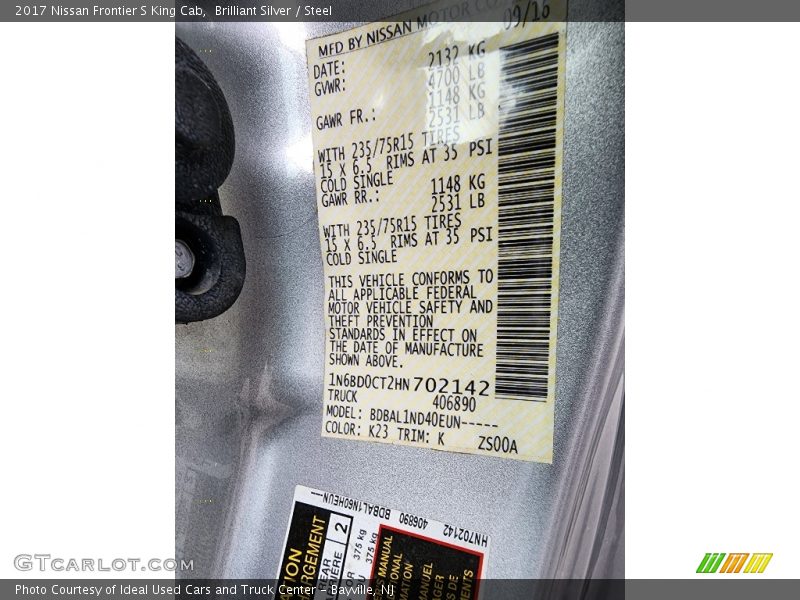 2017 Frontier S King Cab Brilliant Silver Color Code K23